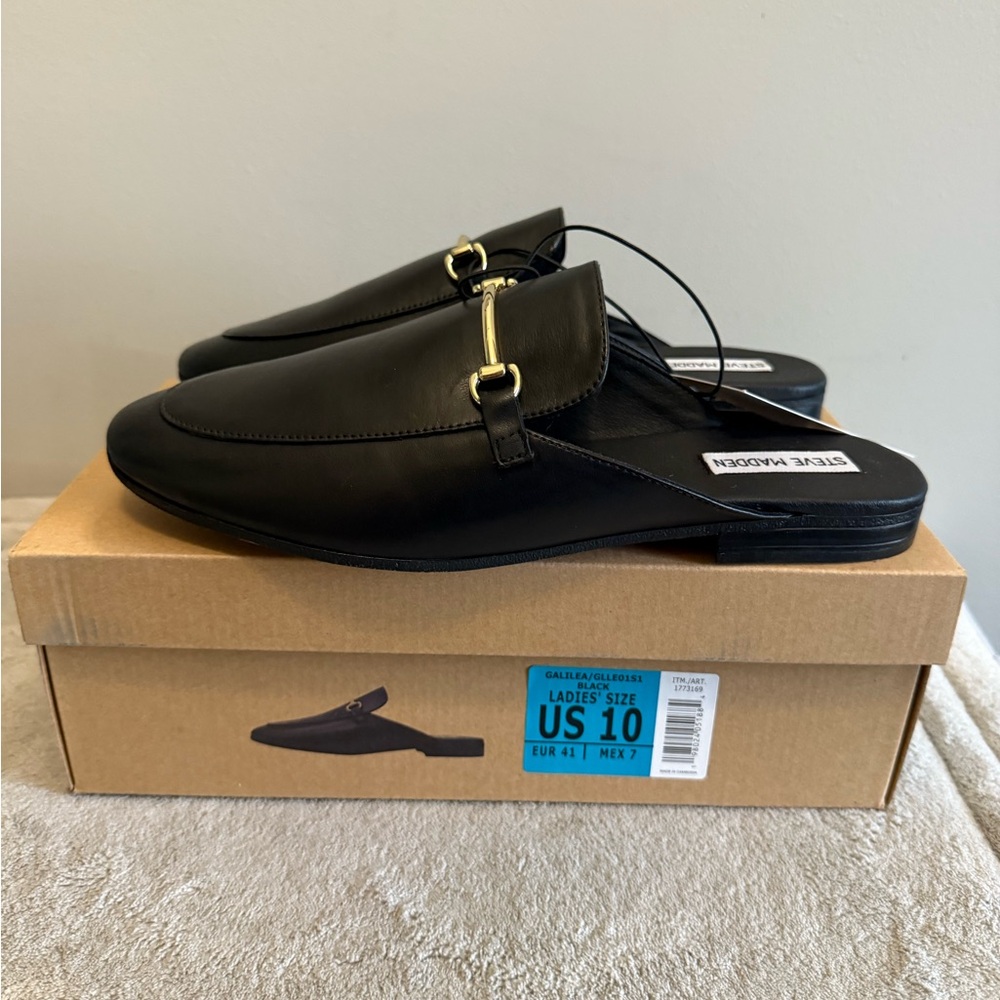 NEW Steve Madden Women's GALILEA Leather Mules gold detail 10‎